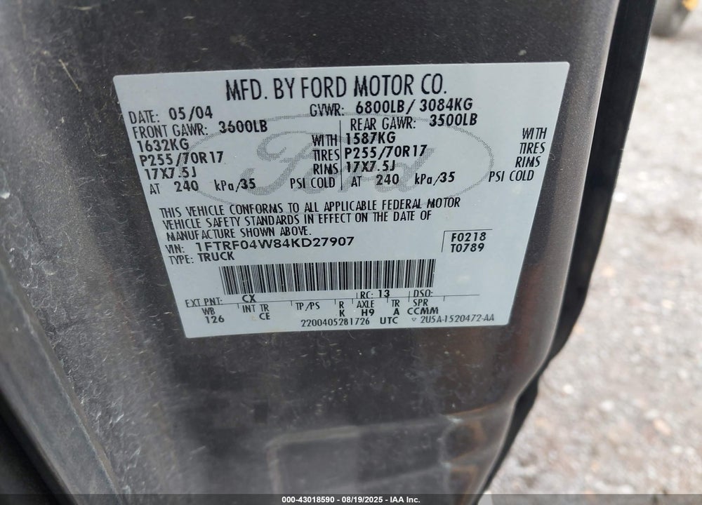 2004 FORD F-150 STX/XLT VIN: 1FTRF04W84KD27907