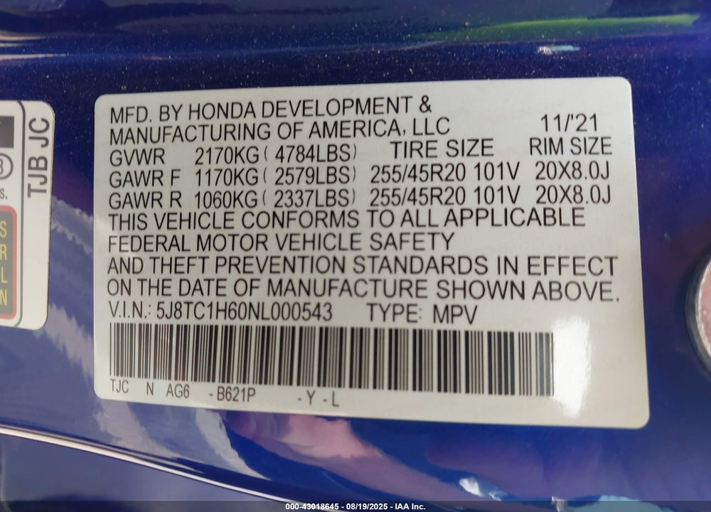2022 ACURA RDX VIN: 5J8TC1H60NL000543