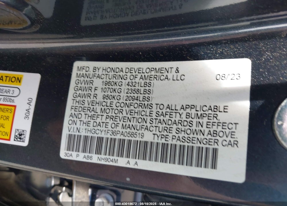 2023 HONDA ACCORD VIN: 1HGCY1F36PA058519