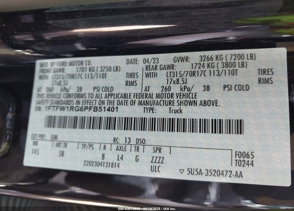 2023 FORD F-150 VIN: 1FTFW1RG6PFB51401