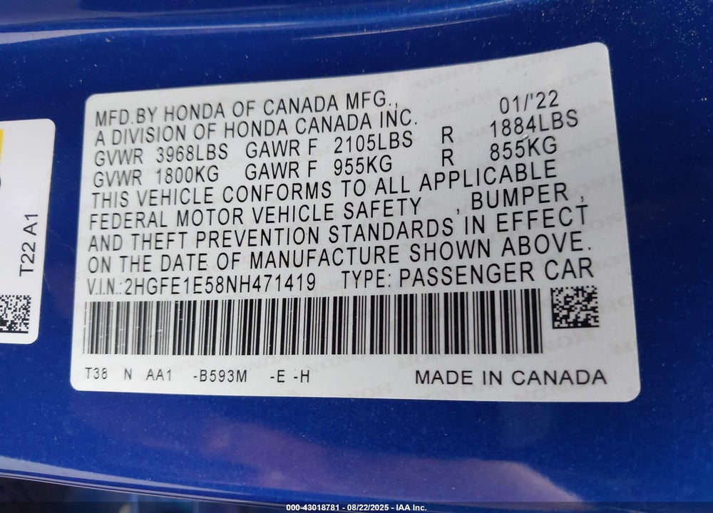 2022 HONDA CIVIC SI SEDAN VIN: 2HGFE1E58NH471419