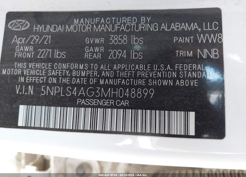 2021 HYUNDAI ELANTRA VIN: 5NPLS4AG3MH048899