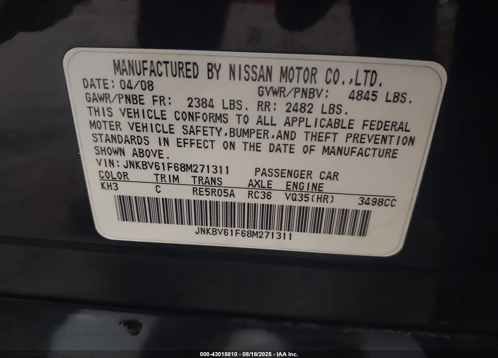 2008 INFINITI G35X VIN: JNKBV61F68M271311