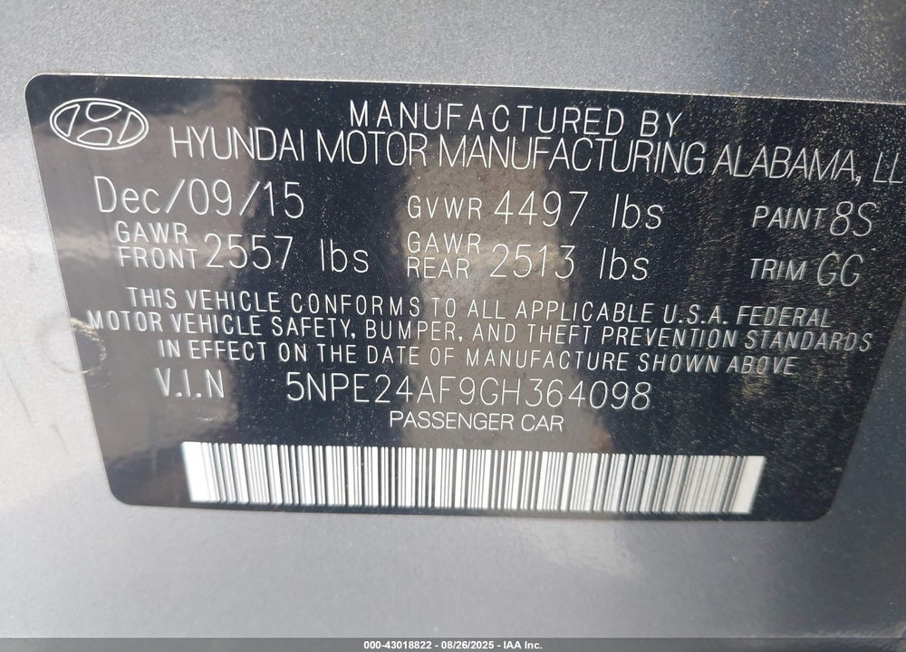 2016 HYUNDAI SONATA VIN: 5NPE24AF9GH364098