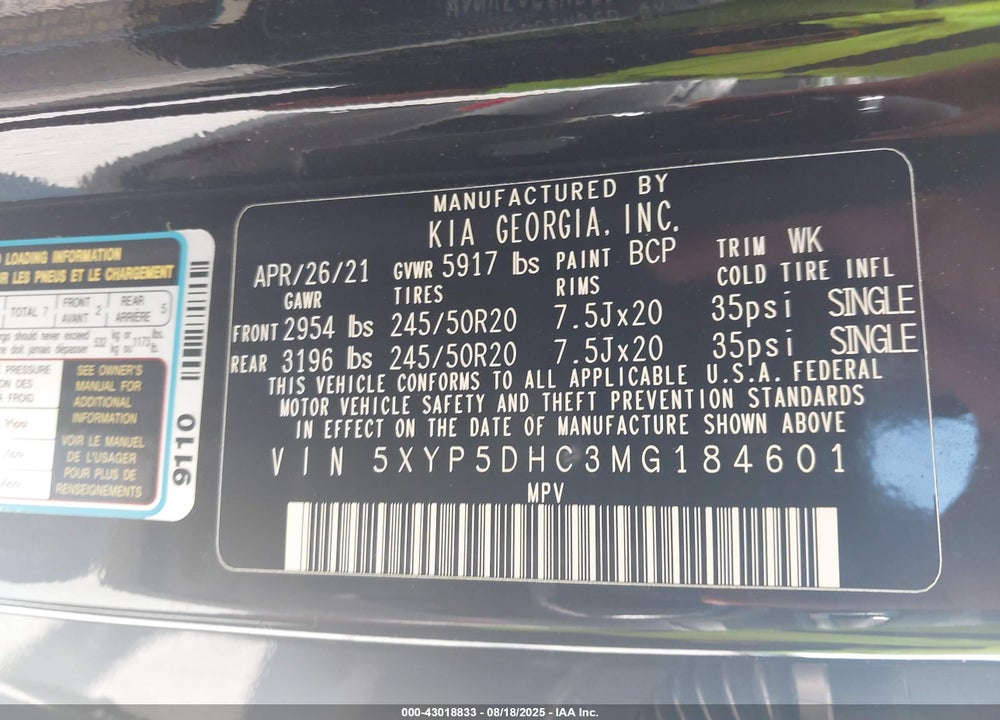 2021 KIA TELLURIDE SX VIN: 5XYP5DHC3MG184601