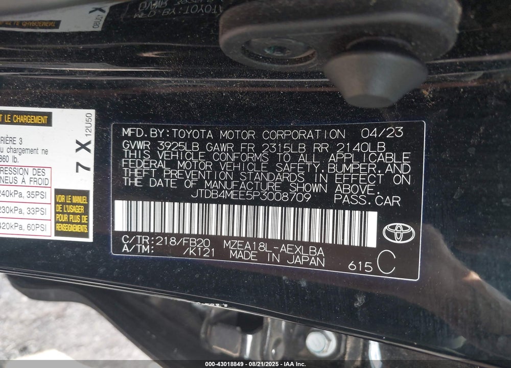 2023 TOYOTA COROLLA VIN: JTDB4MEE5P3008709