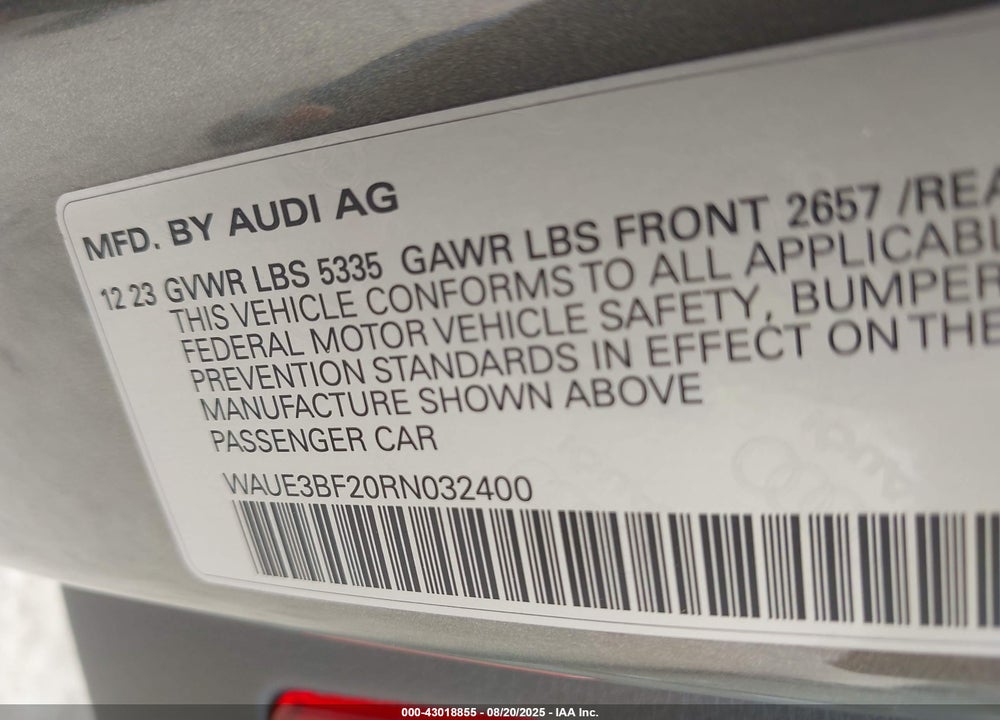2024 AUDI A6 VIN: WAUE3BF20RN032400