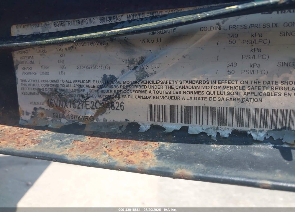 2014 BIG TEX TRAILER CO INC --- VIN: 16VNX1627E2C14826