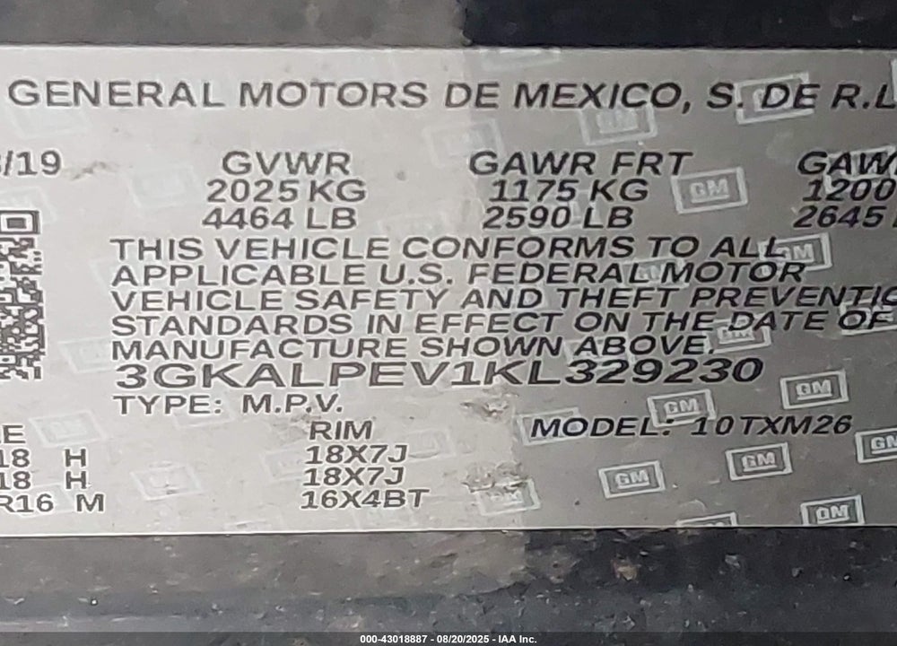 2019 GMC TERRAIN VIN: 3GKALPEV1KL329230
