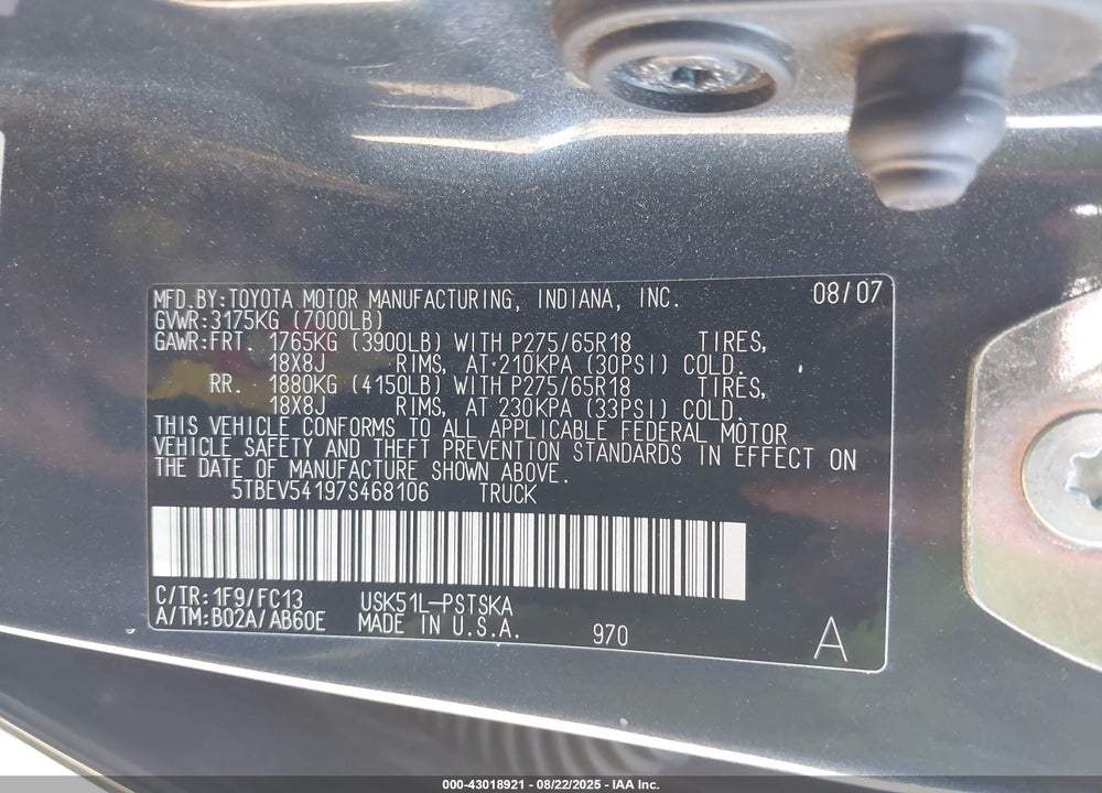 2007 TOYOTA TUNDRA SR5 5.7L V8 VIN: 5TBEV54197S468106