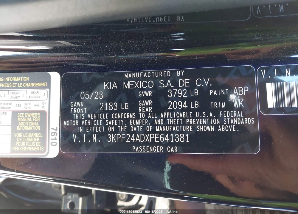 2023 KIA FORTE VIN: 3KPF24ADXPE641381
