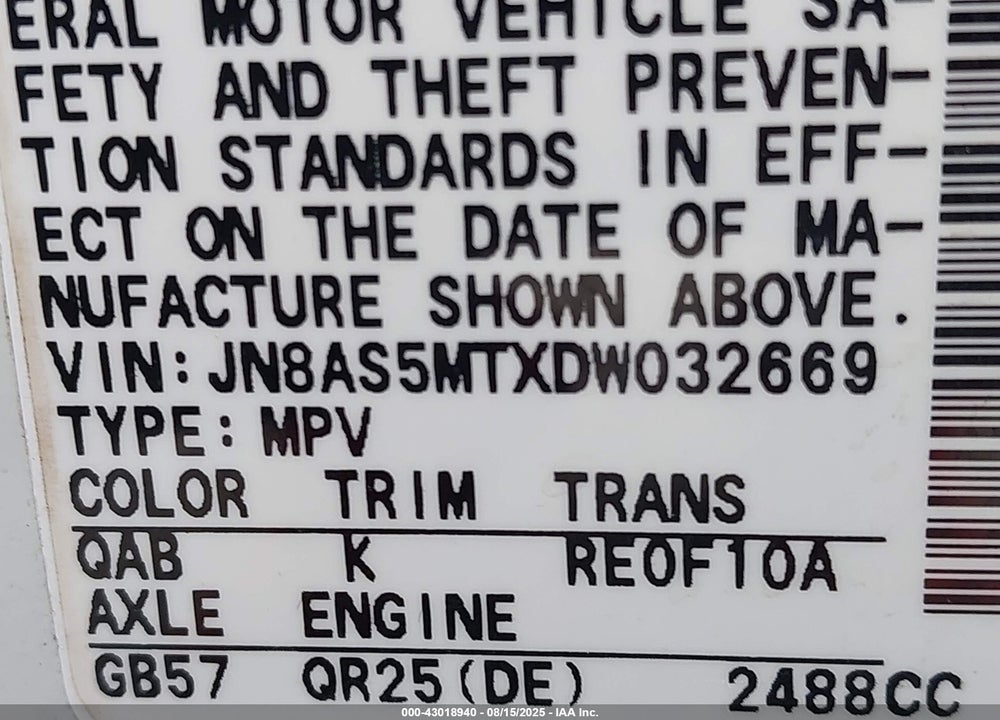 2013 NISSAN ROGUE S VIN: JN8AS5MTXDW032669