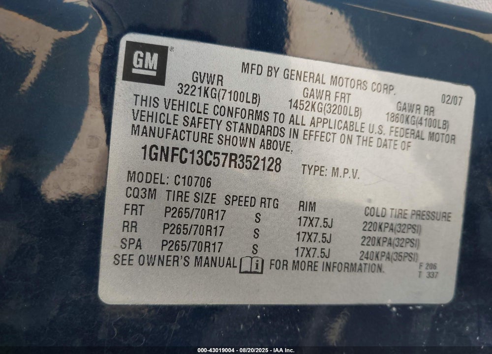 2007 CHEVROLET TAHOE LS VIN: 1GNFC13C57R352128