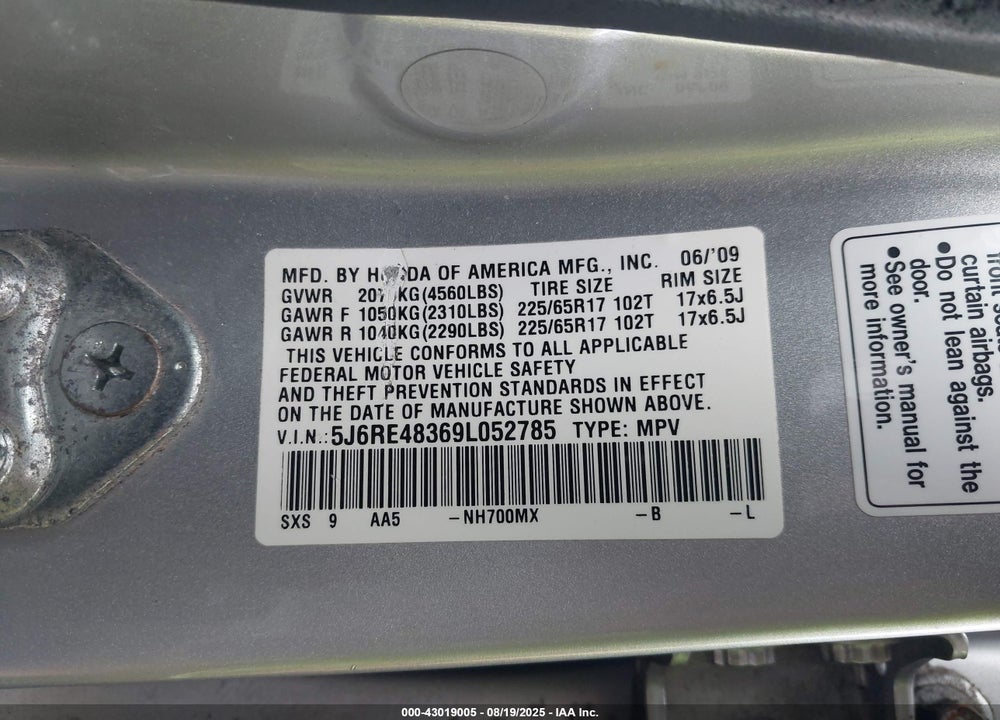 2009 HONDA CR-V VIN: 5J6RE48369L052785