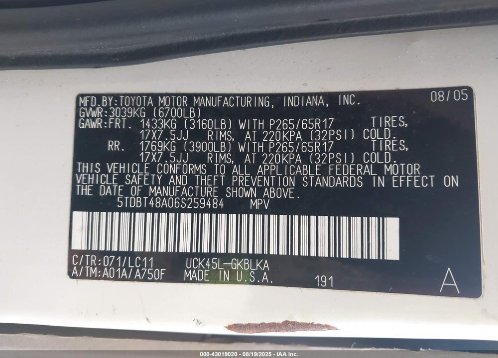 2006 TOYOTA SEQUOIA LIMITED V8 VIN: 5TDBT48A06S259484