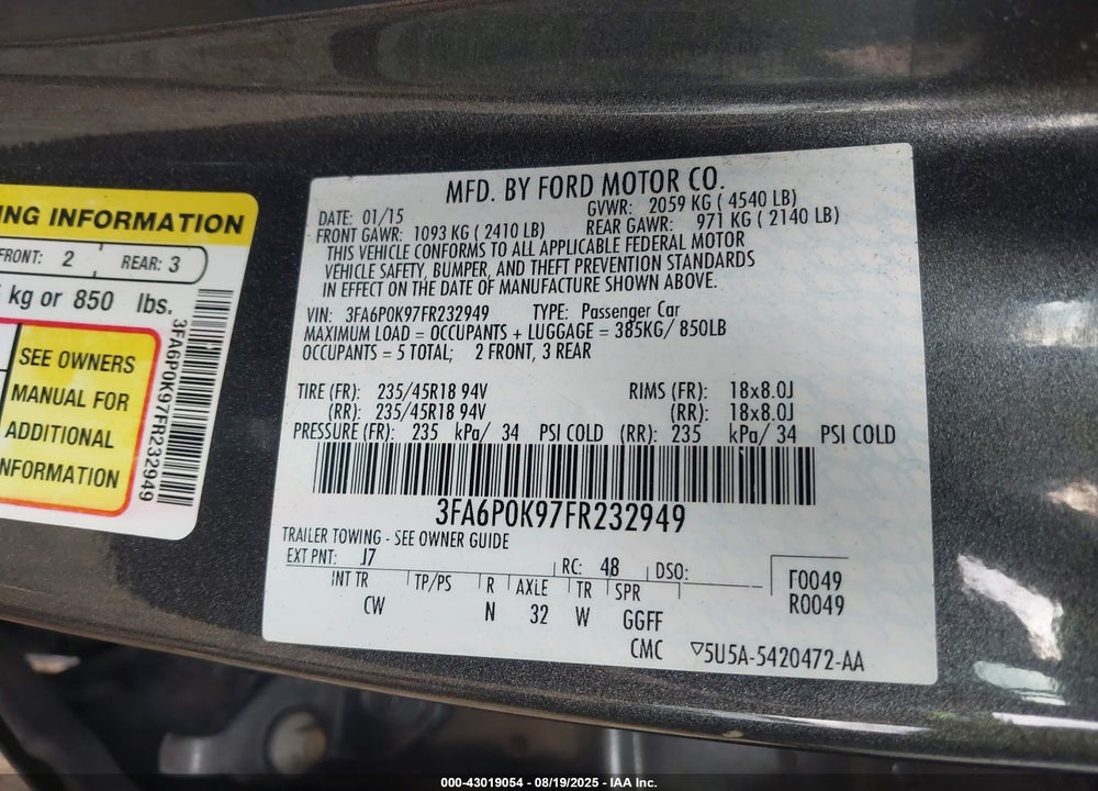 2015 FORD FUSION TITANIUM VIN: 3FA6P0K97FR232949