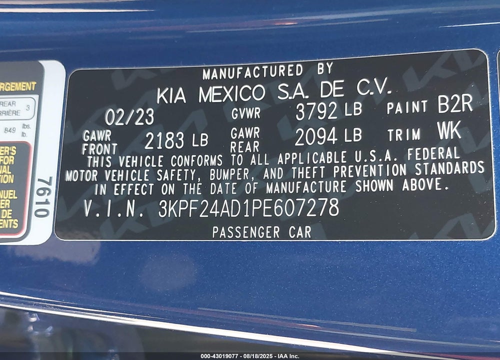 2023 KIA FORTE VIN: 3KPF24AD1PE607278