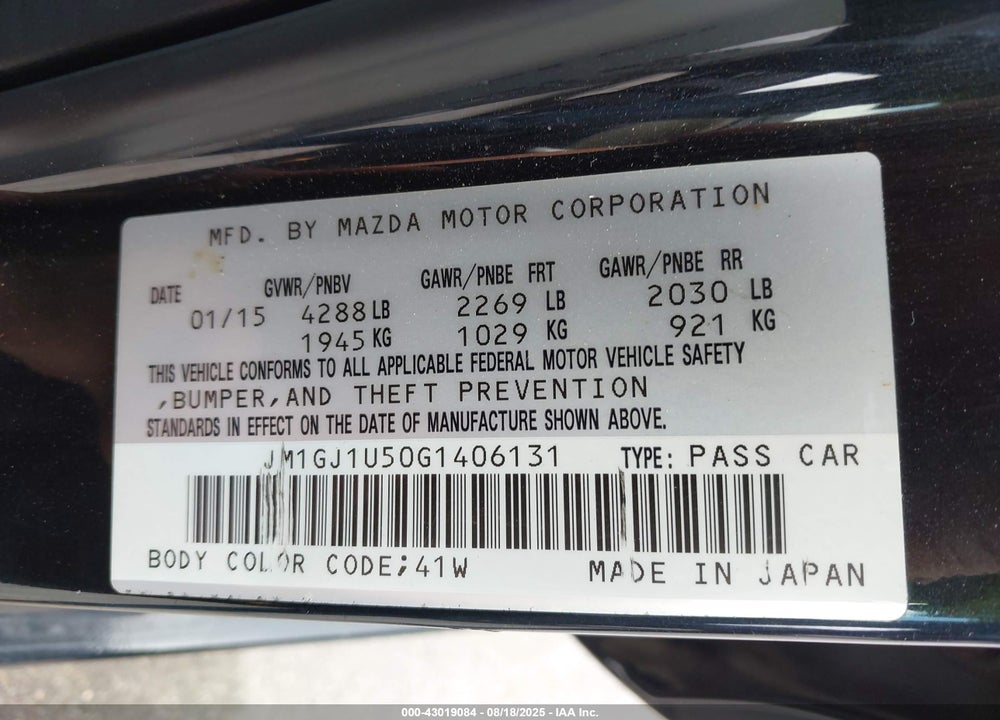 2016 MAZDA 6 I SPORT VIN: JM1GJ1U50G1406131