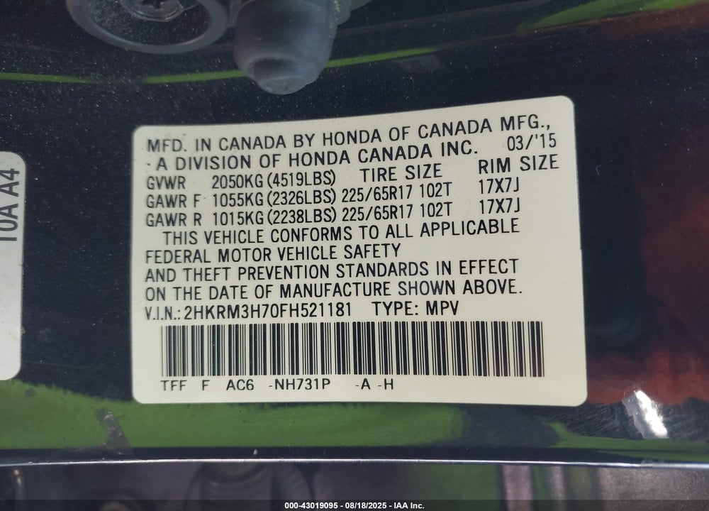 2015 HONDA CR-V VIN: 2HKRM3H70FH521181