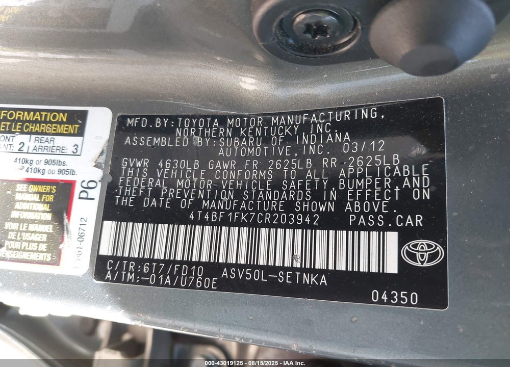 2012 TOYOTA CAMRY LE VIN: 4T4BF1FK7CR203942