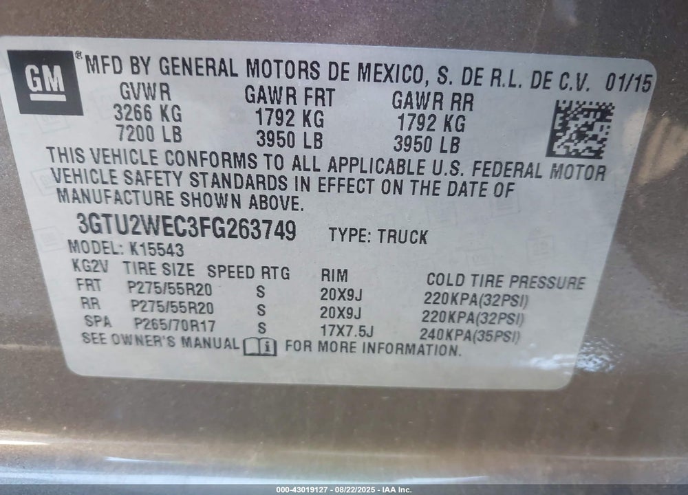 2015 GMC SIERRA 1500 DENALI VIN: 3GTU2WEC3FG263749