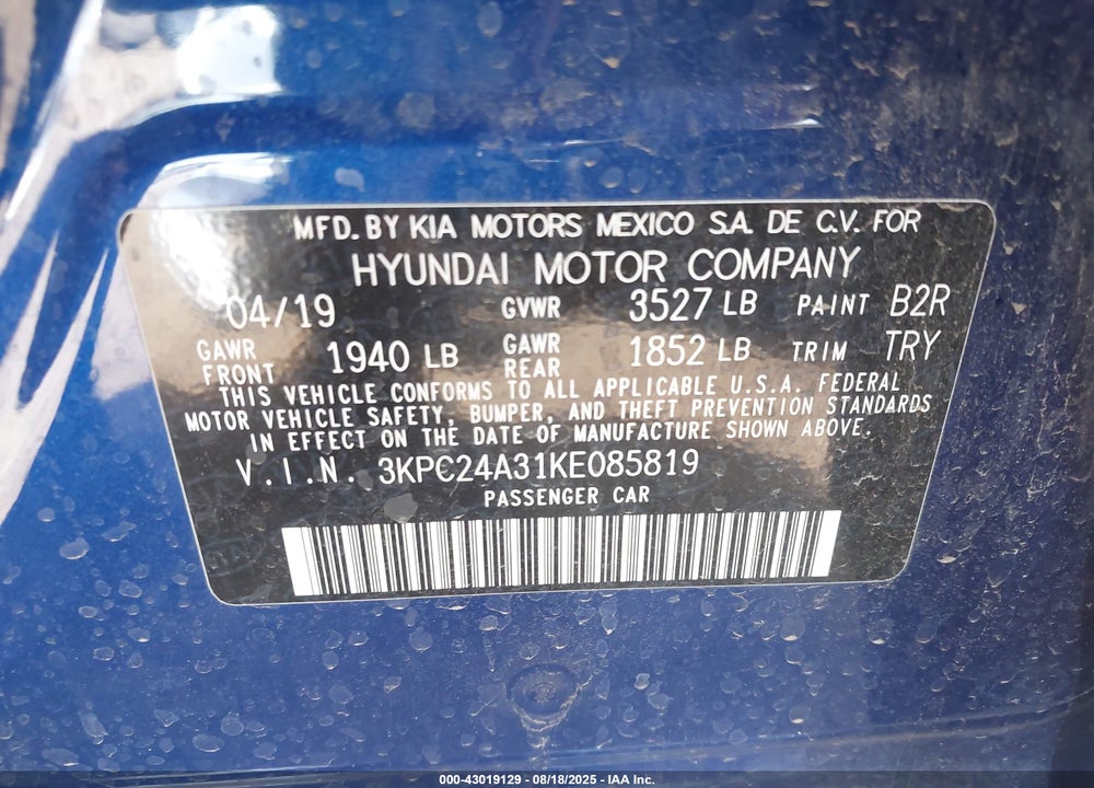2019 HYUNDAI ACCENT VIN: 3KPC24A31KE085819