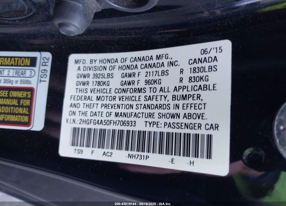2015 HONDA CIVIC VIN: 2HGFG4A50FH706933