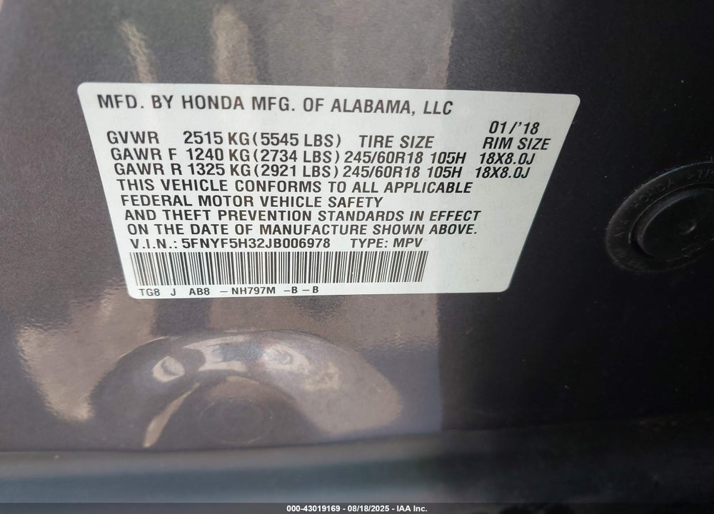 2018 HONDA PILOT VIN: 5FNYF5H32JB006978