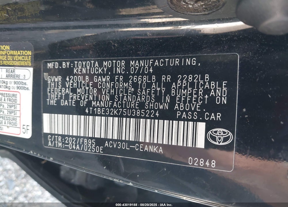 2005 TOYOTA CAMRY LE VIN: 4T1BE32K75U385224