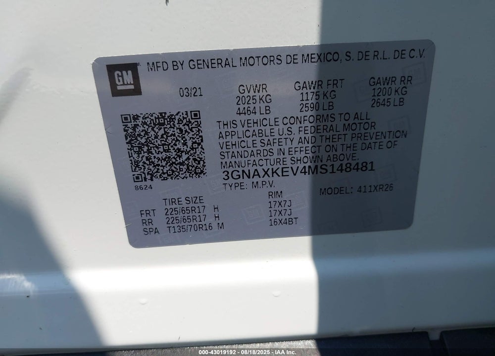 2021 CHEVROLET EQUINOX VIN: 3GNAXKEV4MS148481