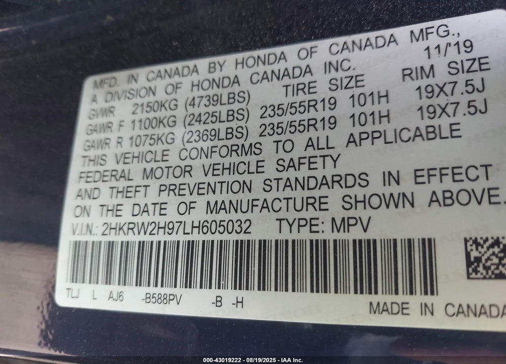 2020 HONDA CR-V AWD TOURING VIN: 2HKRW2H97LH605032