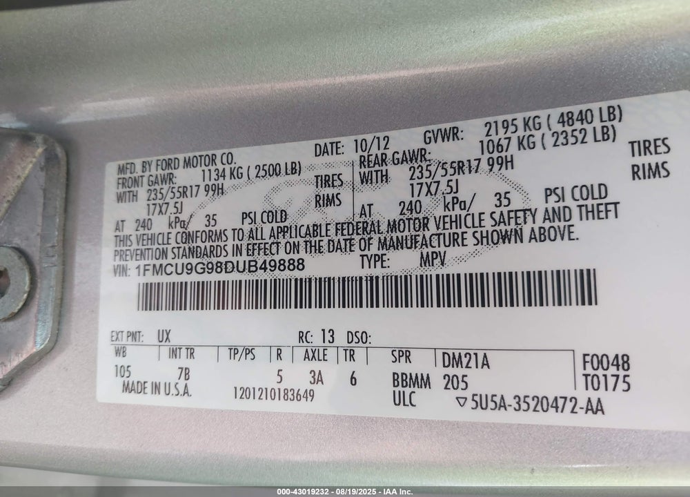 2013 FORD ESCAPE SE VIN: 1FMCU9G98DUB49888