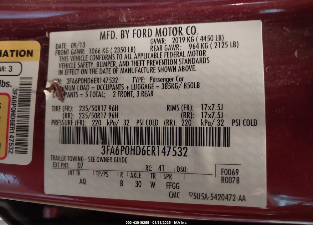 2014 FORD FUSION SE VIN: 3FA6P0HD6ER147532