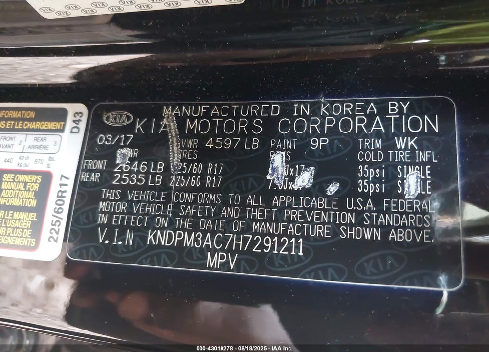 2017 KIA SPORTAGE VIN: KNDPM3AC7H7291211