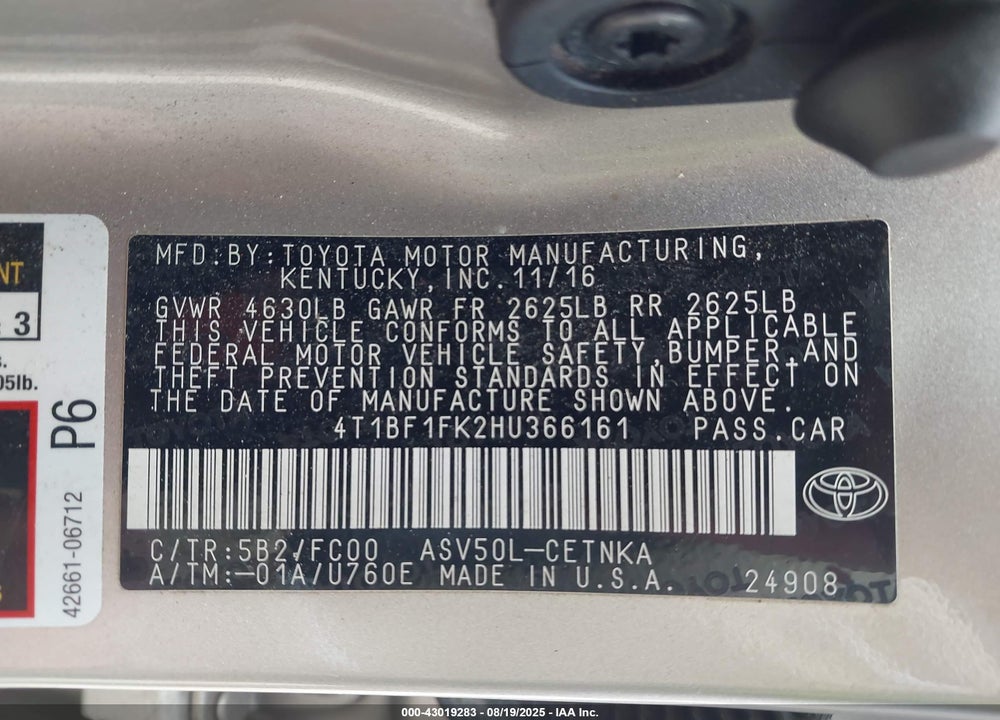 2017 TOYOTA CAMRY VIN: 4T1BF1FK2HU366161
