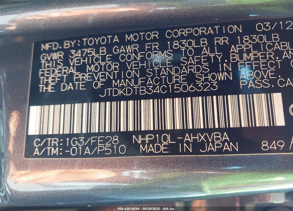 2012 TOYOTA PRIUS C ONE VIN: JTDKDTB34C1506323