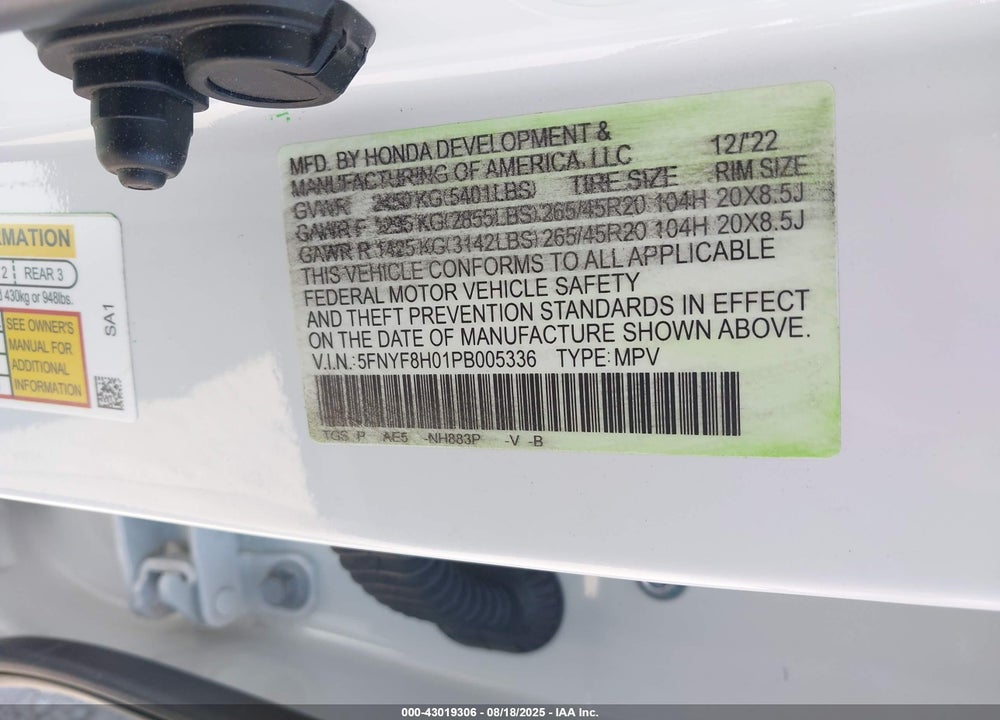 2023 HONDA PASSPORT VIN: 5FNYF8H01PB005336
