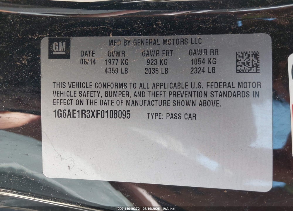 2015 CADILLAC ATS VIN: 1G6AE1R3XF0108095