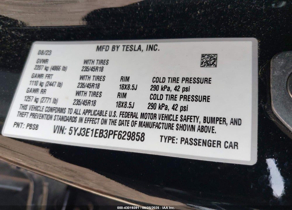 2023 TESLA MODEL 3 VIN: 5YJ3E1EB3PF629858