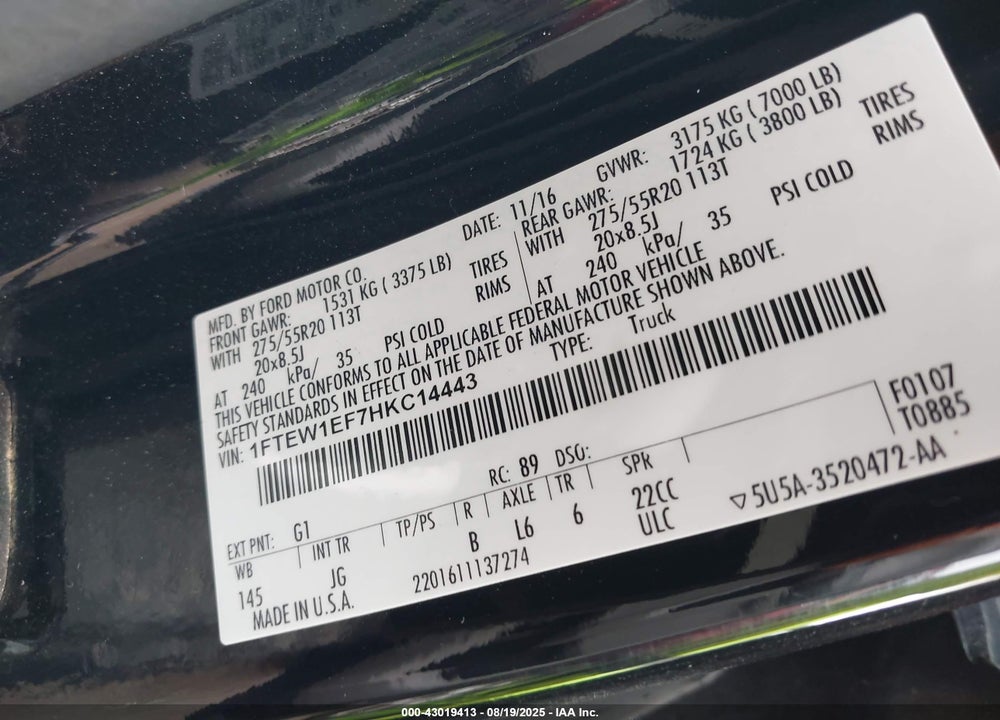 2017 FORD F-150 VIN: 1FTEW1EF7HKC14443