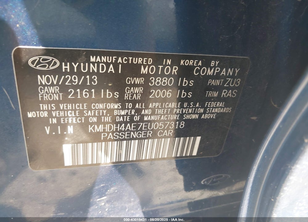 2014 HYUNDAI ELANTRA VIN: KMHDH4AE7EU057318