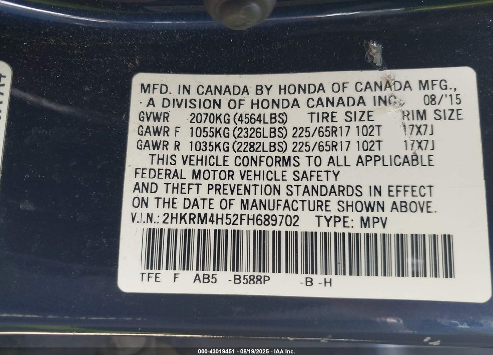 2015 HONDA CR-V VIN: 2HKRM4H52FH689702