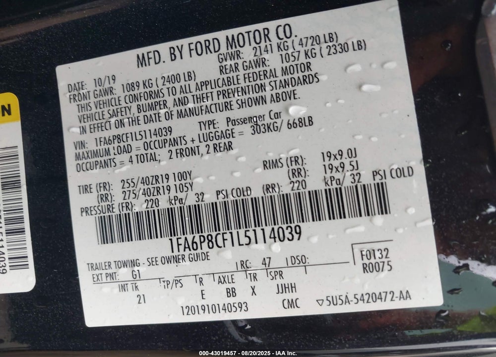 2020 FORD MUSTANG VIN: 1FA6P8CF1L5114039