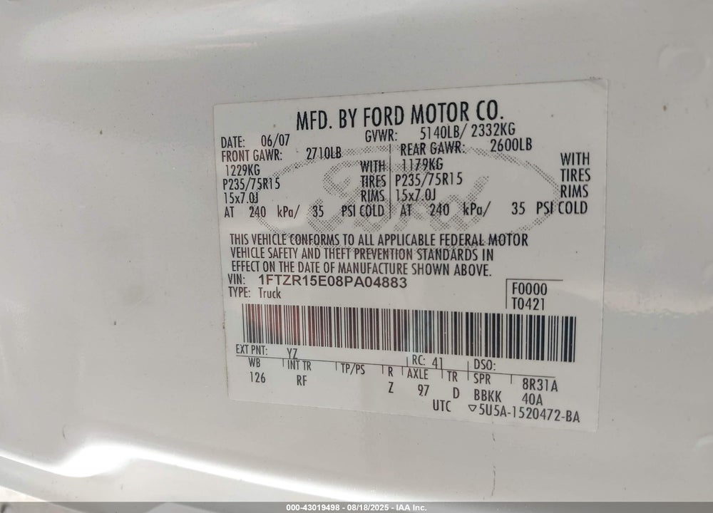 2008 FORD RANGER FX4 OFF-ROAD/SPORT/XL/XLT VIN: 1FTZR15E08PA04883