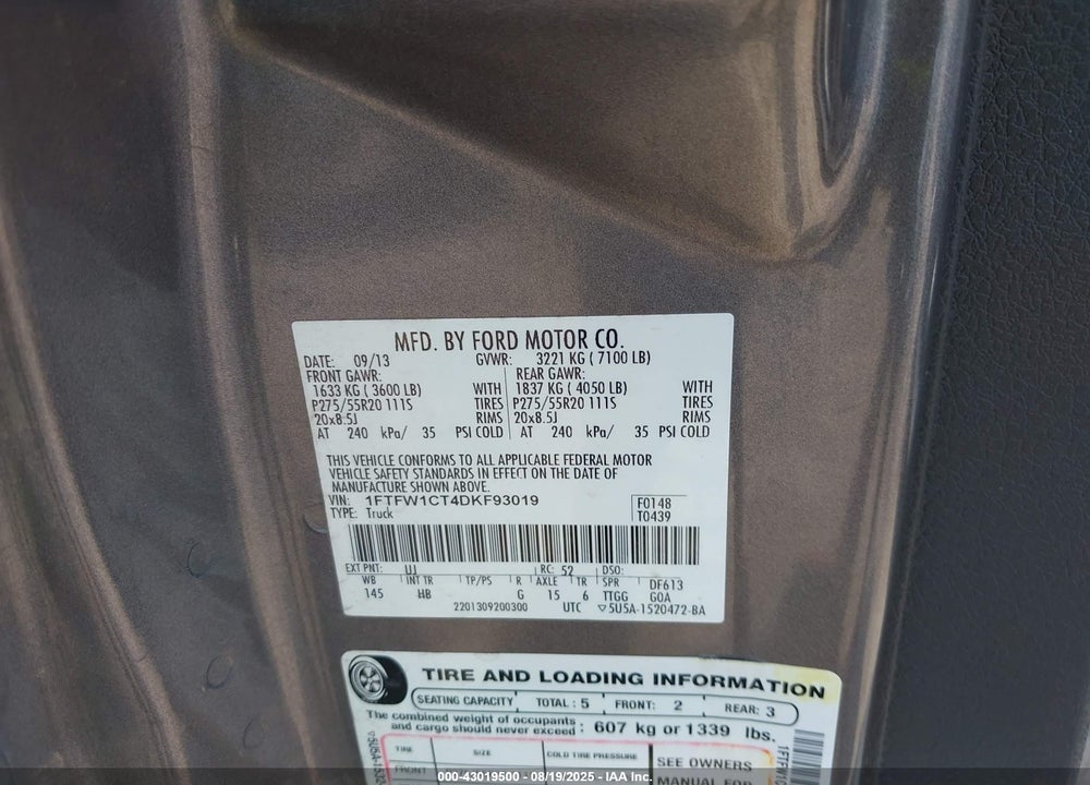 2013 FORD F-150 VIN: 1FTFW1CT4DKF93019