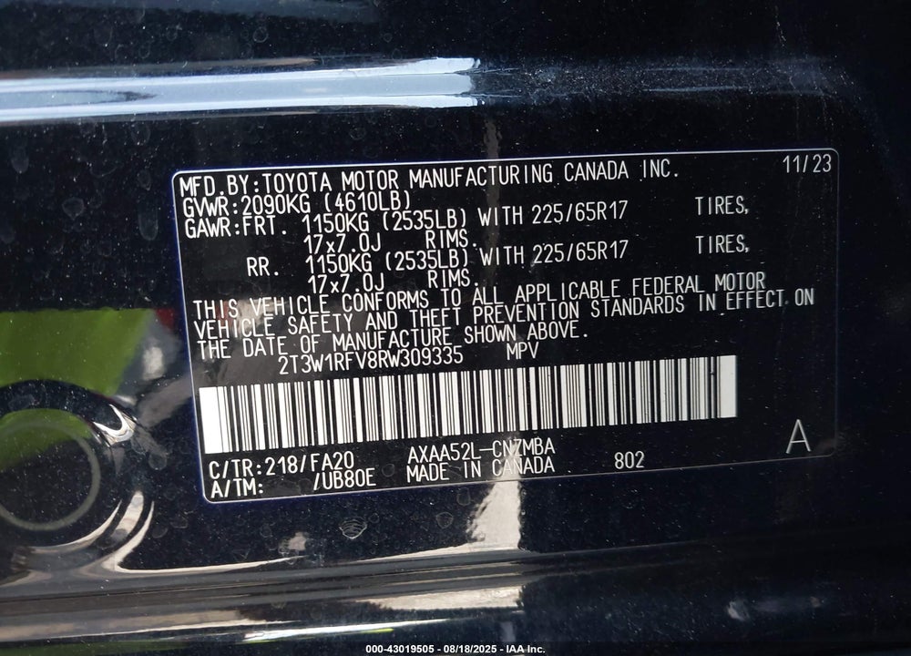 2024 TOYOTA RAV4 VIN: 2T3W1RFV8RW309335