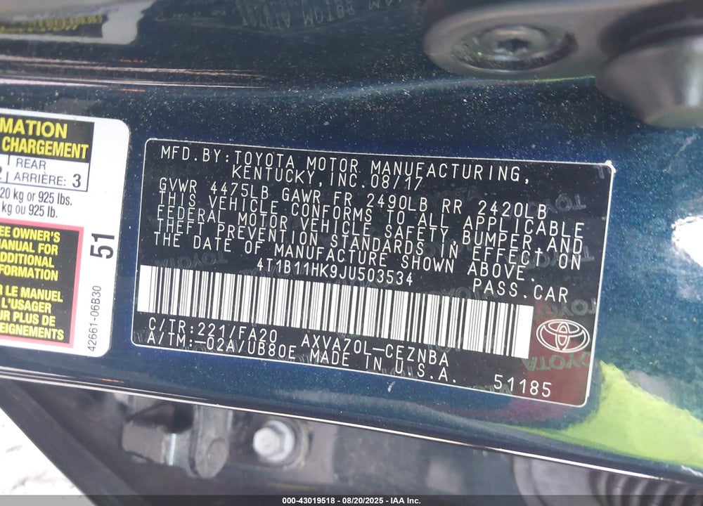 2018 TOYOTA CAMRY LE VIN: 4T1B11HK9JU503534