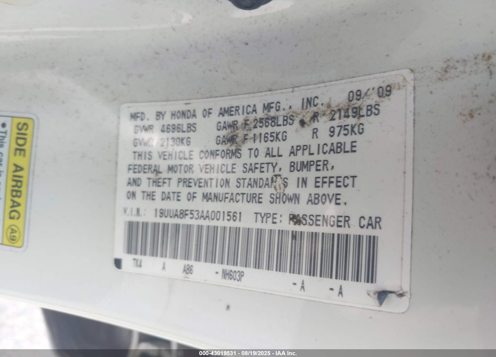 2010 ACURA TL VIN: 19UUA8F53AA001561