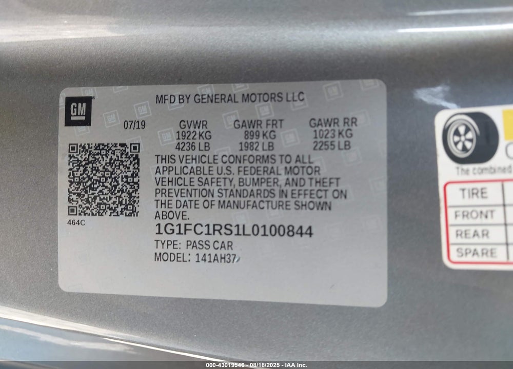 2020 CHEVROLET CAMARO VIN: 1G1FC1RS1L0100844