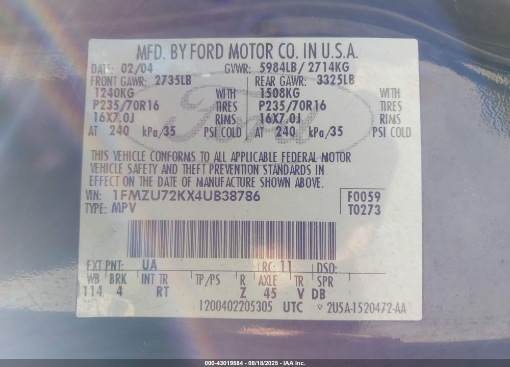2004 FORD EXPLORER XLS VIN: 1FMZU72KX4UB38786